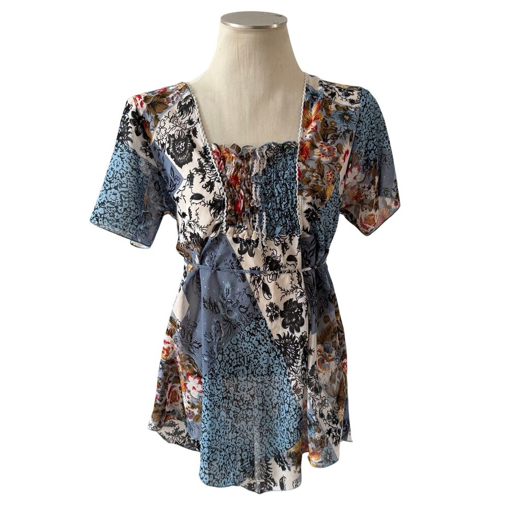 Vtg Y2K 2000s Blue Patchwork Blouse Sz XL Boho Beaded Flowy Artsy